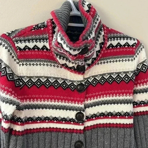 ❤️2/$50❤️[S]Eddie Bauer Cotton Blend High Neck Mixed Colour Knit Button Sweater - Picture 3 of 7